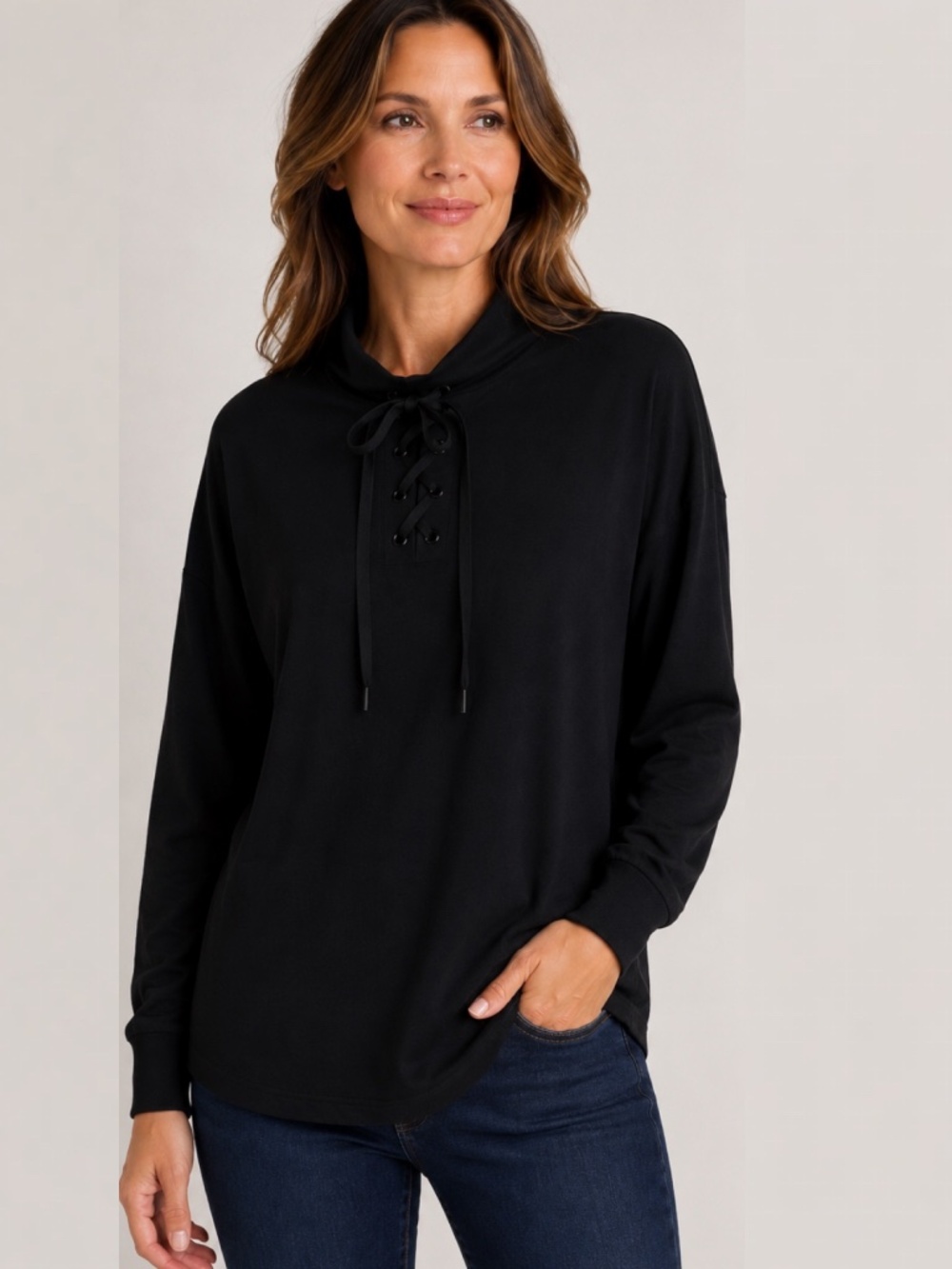 Sympli Canada Black Lace Up Stretch Jersey Top Womens Size 12 Minimalist Casual
